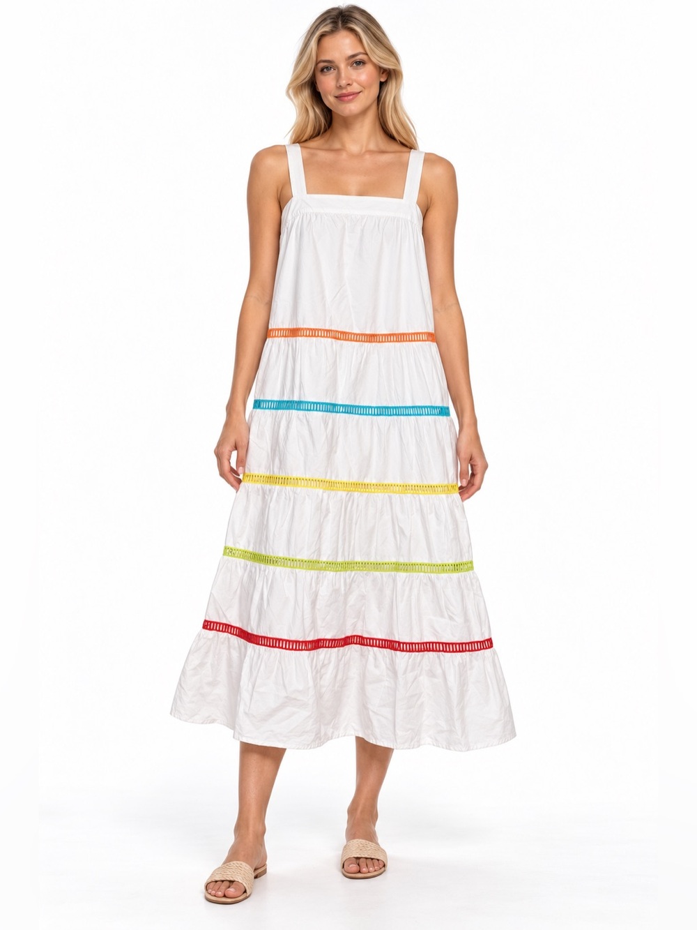 English Factory Size Small White Tiered Midi Dress with Multicolor Trim